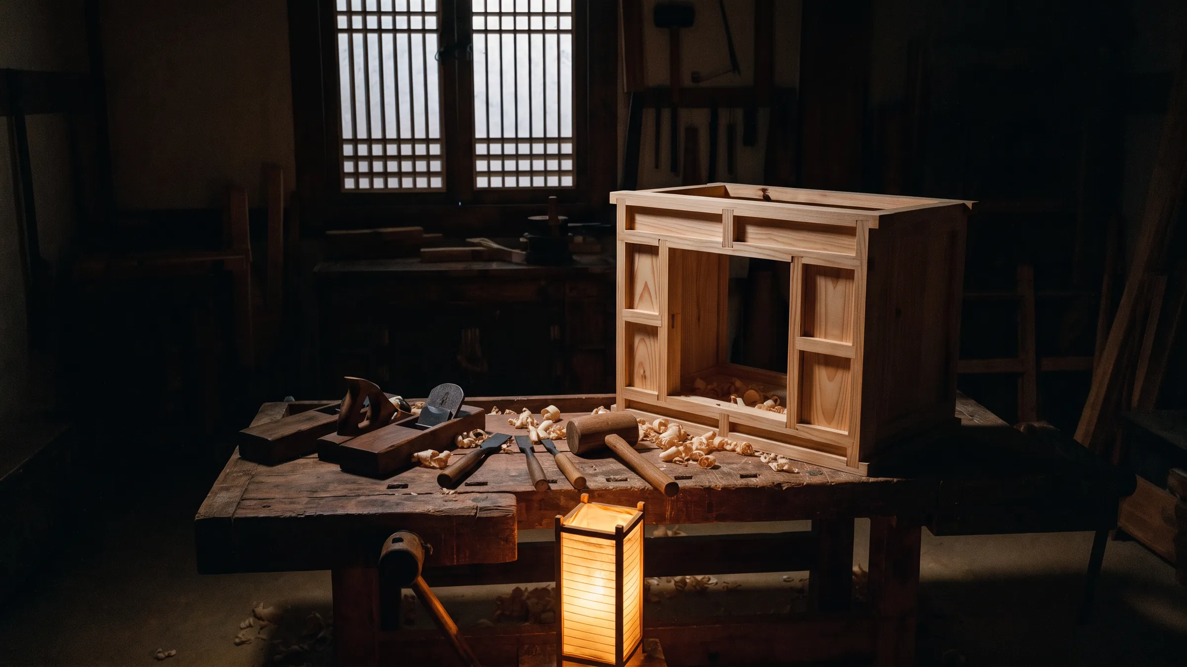 A master's workbench with hand planes, chisels and a cabinet frame joined without nails, lit by a lantern